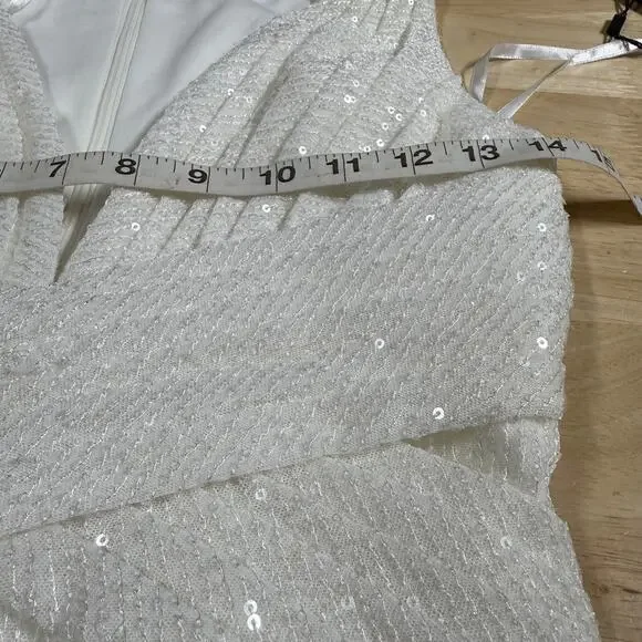 Mac Duggal NWT V-Neck Sequin Wrap Waist Gown White Side Slit Size 2 Sleeveless - Picture 5 of 8